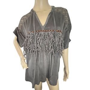 Umgee Faux Suede Western Boho Short Sleeve Top With Fringe Detail